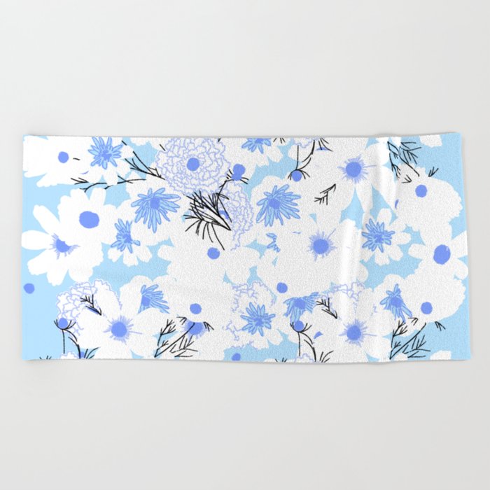 Retro Modern Spring Wildflowers Blue and Turquoise Beach Towel