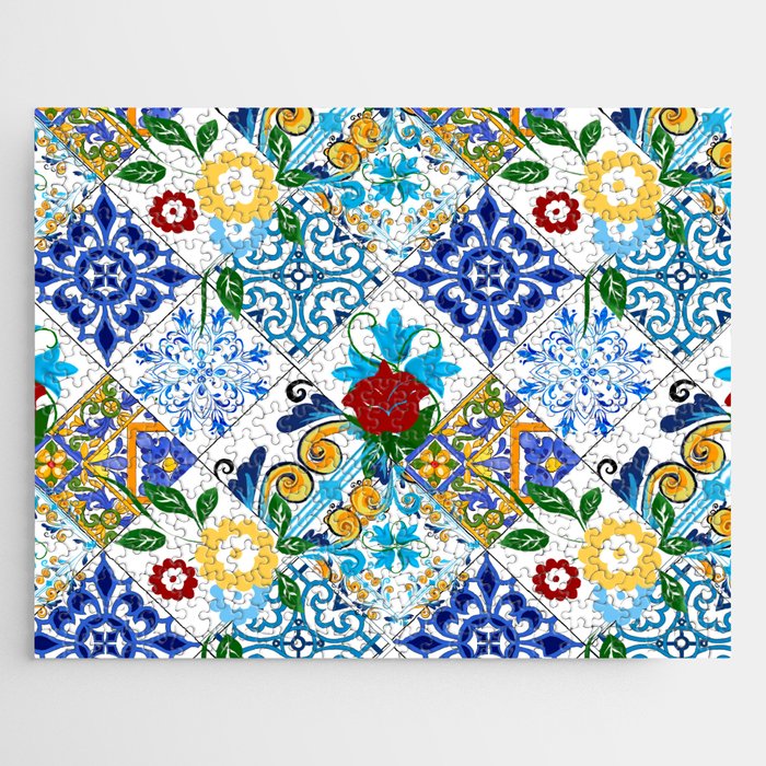 Tiles,mosaic,azulejo,quilt,Portuguese,majolica,lemons,citrus. Jigsaw Puzzle