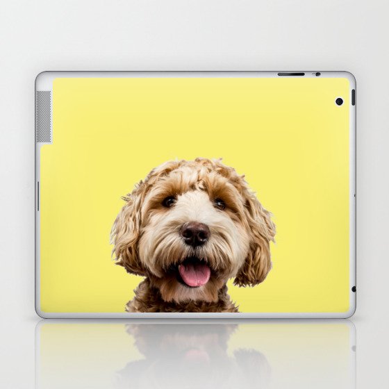 Happy Goldendoodle on Yellow Background Laptop & iPad Skin