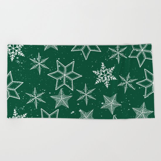 Snowflakes On Green Background Beach Towel