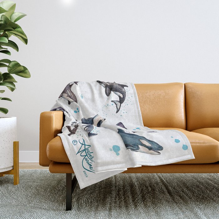 "Orca Pod in Watercolor" by Amber Marine, Killer Whale Art, © 2019 Throw Blanket