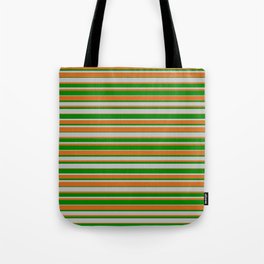 [ Thumbnail: Grey, Chocolate, and Green Colored Lined Pattern Tote Bag ]