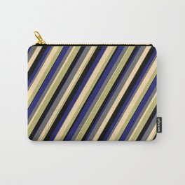 [ Thumbnail: Vibrant Dim Grey, Tan, Dark Khaki, Black, and Midnight Blue Colored Lines Pattern Carry-All Pouch ]