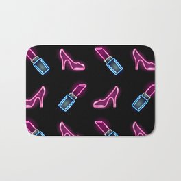 Fashion seamless pattern with neon icons of lipstick and high heel shoes Bath Mat | Lipstick, Shoes, Retro, Graphicdesign, Fashion, Woman, Neonlights, Modern, Illustration, Girls 