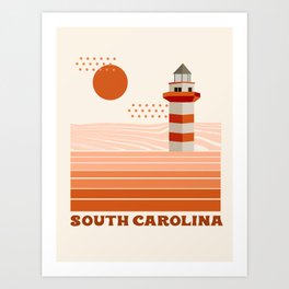 South Carolina - retro 70s style travel poster minimal lighthouses 1970's ocean beach Art Print | 1970S, Graphicdesign, Vacation, Minimal, Beach, Surfing, Lighthouses, Poster, 70S, Lighthouse 