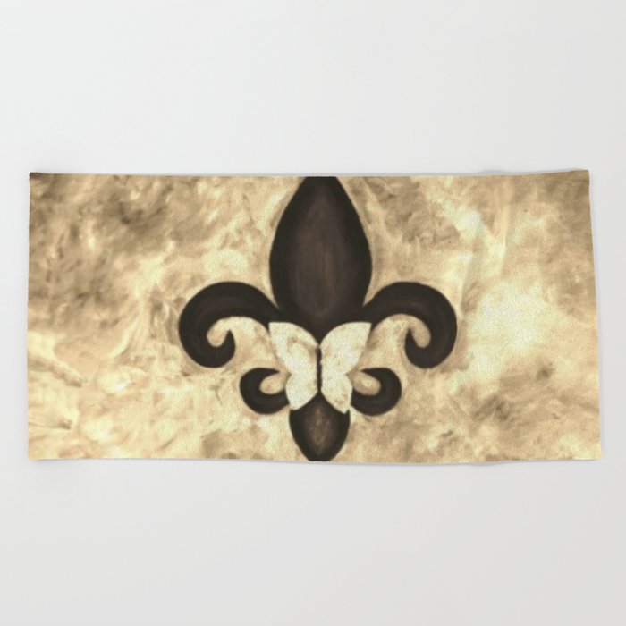Sepia Gold and Brown Fleur de Lis with Butterfly Beach Towel
