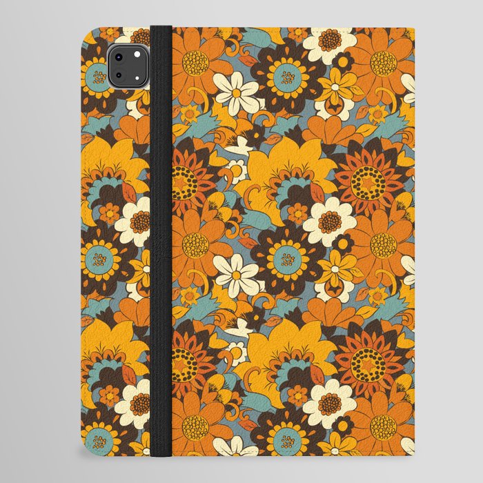 70s Retro Flower Power 60s floral Pattern Orange yellow Blue iPad Folio Case