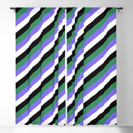 [ Thumbnail: Sea Green, Medium Slate Blue, White & Black Colored Striped/Lined Pattern Blackout Curtain ]