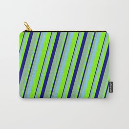 [ Thumbnail: Sky Blue, Chartreuse, Blue & Dark Sea Green Colored Lines Pattern Carry-All Pouch ]
