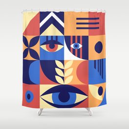Bauhaus geometric abstract elements with eyes and simple forms. Modern style shapes, minimalistic retro design. Hipster 20s trend collage, illustration.  Shower Curtain