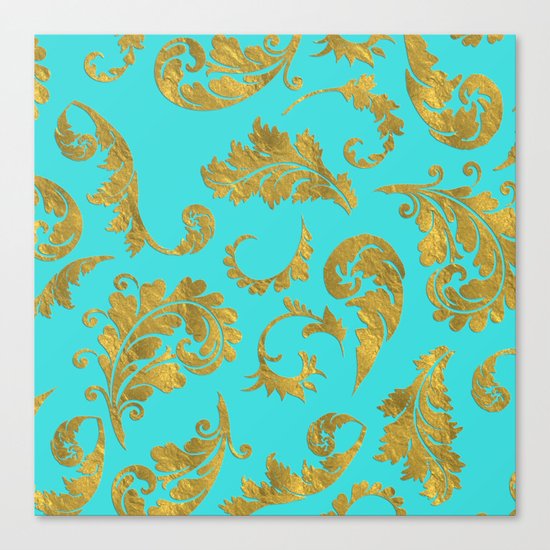 Queenlike on aqua - Gold glitter ornaments on aqua backround- pattern Canvas Print