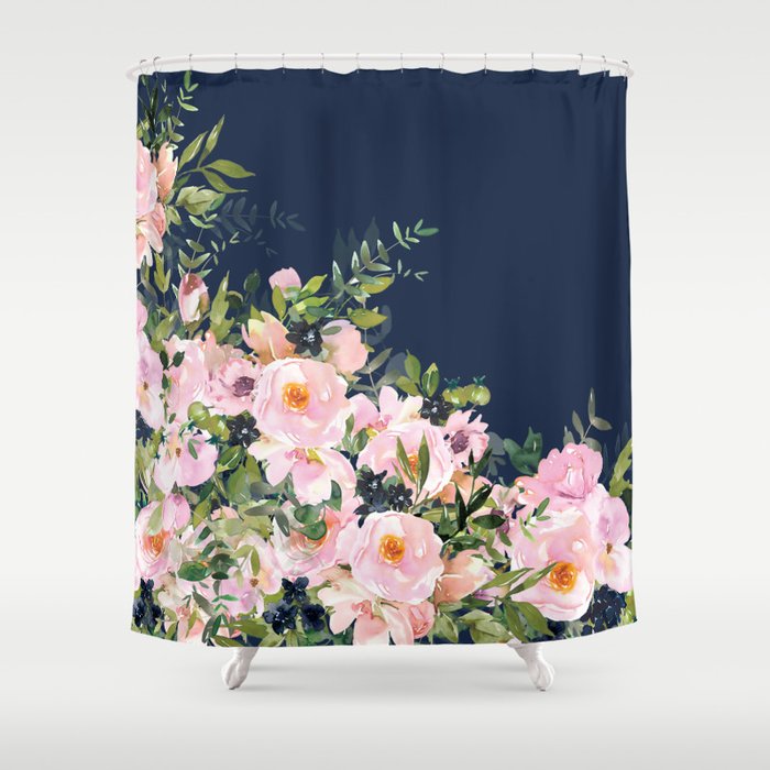 Boho, Floral Watercolor, Roses, Navy Blue and Pink Shower Curtain