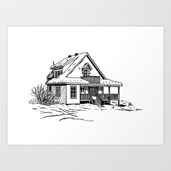 Winter Cottage Ink Art Print