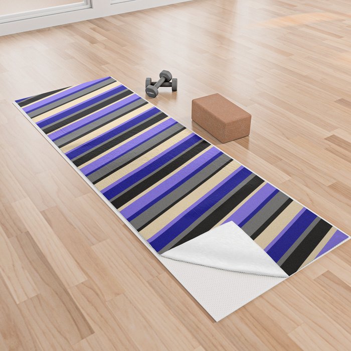 Vibrant Dim Grey, Dark Blue, Medium Slate Blue, Tan & Black Colored Striped Pattern Yoga Towel