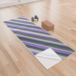 [ Thumbnail: Purple, Dark Slate Gray, Dim Gray, and Light Grey Colored Lined Pattern Yoga Towel ]
