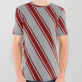[ Thumbnail: Dark Gray and Maroon Colored Stripes Pattern All Over Graphic Tee ]
