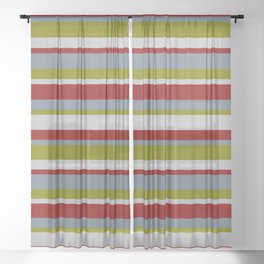 [ Thumbnail: Slate Gray, Green, Grey & Dark Red Colored Pattern of Stripes Sheer Curtain ]