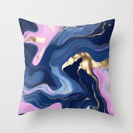 Blue and Gold Background with Water Mixture Curves Throw Pillow