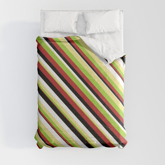 Eye-catching Tan, Green, Red, Black & White Colored Striped/Lined Pattern Comforter