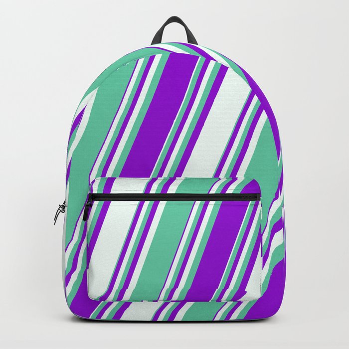 Aquamarine, Dark Violet, and Mint Cream Colored Stripes/Lines Pattern Backpack