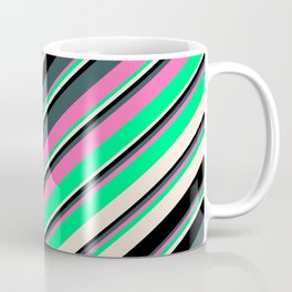 [ Thumbnail: Eyecatching Dark Slate Gray, Hot Pink, Green, Beige, and Black Colored Lines Pattern Coffee Mug ]