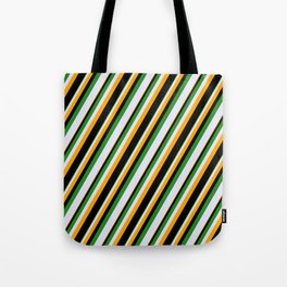 [ Thumbnail: Forest Green, Lavender, Orange & Black Colored Striped Pattern Tote Bag ]