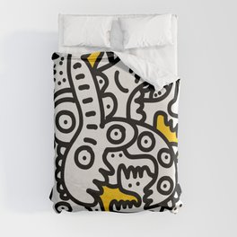 Black and White Cool Monsters Graffiti on Yellow Background Duvet Cover
