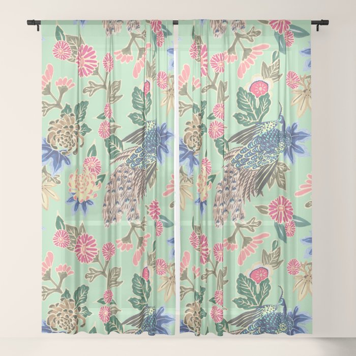 Peacock Floral In Mint Sheer Curtain By Beckybailey1 Society6
