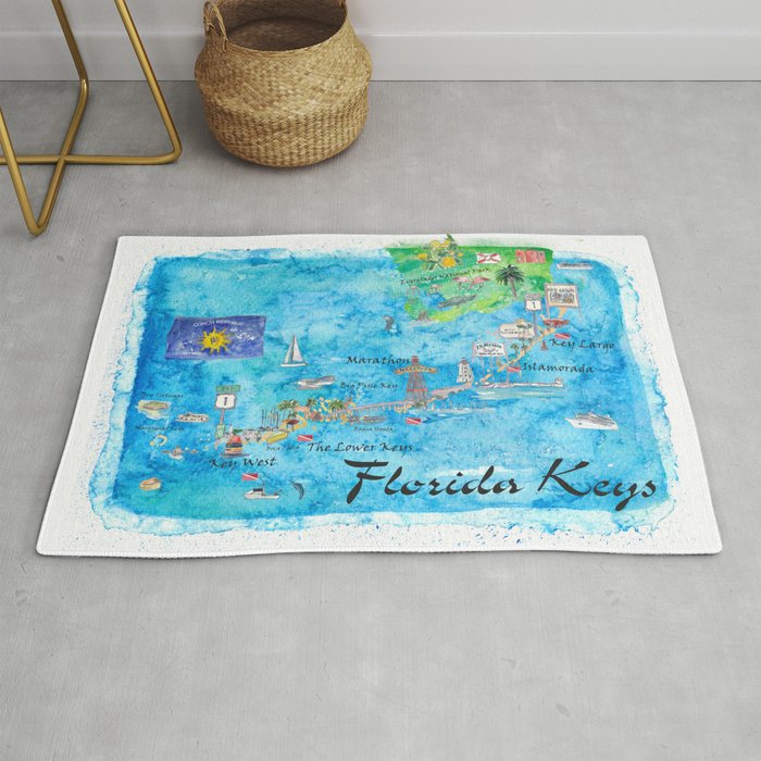 Florida Keys Key West Marathon Key Largo Illustrated Travel Poster Favorite Map Tourist Highlights Rug