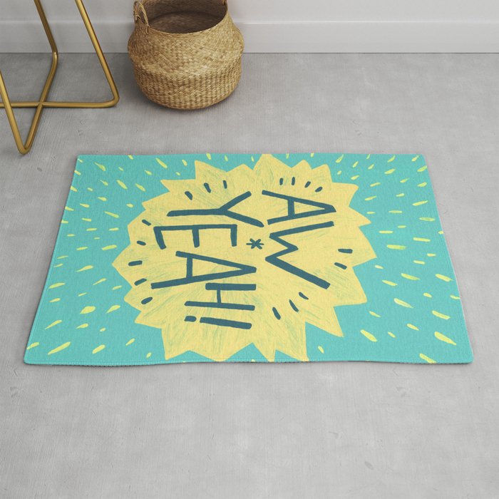 Aw Yeah Turquoise And Yellow Lettering Rug By Picnicsinthesky