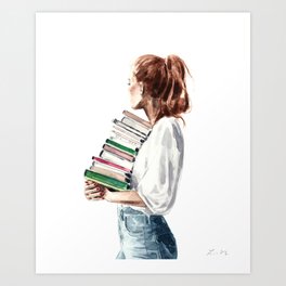 Library Girl with Stack of Books Art Print