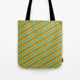 [ Thumbnail: Dark Goldenrod, Light Blue, and Dark Turquoise Colored Lined/Striped Pattern Tote Bag ]