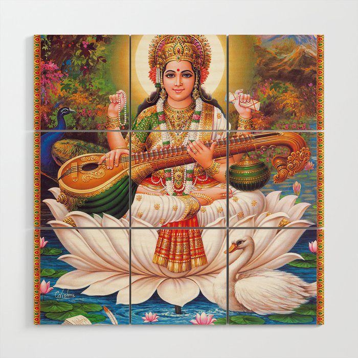 Goddess Saraswati Seated on Lotus Wood Wall Art
