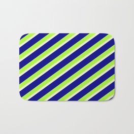 [ Thumbnail: Dark Blue, Light Green, and Beige Colored Striped Pattern Bath Mat ]