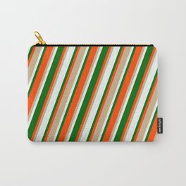 [ Thumbnail: Tan, Mint Cream, Dark Green & Red Colored Stripes Pattern Carry-All Pouch ]