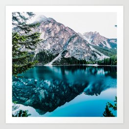 Lake and Mountain Under White Sky Art Print
