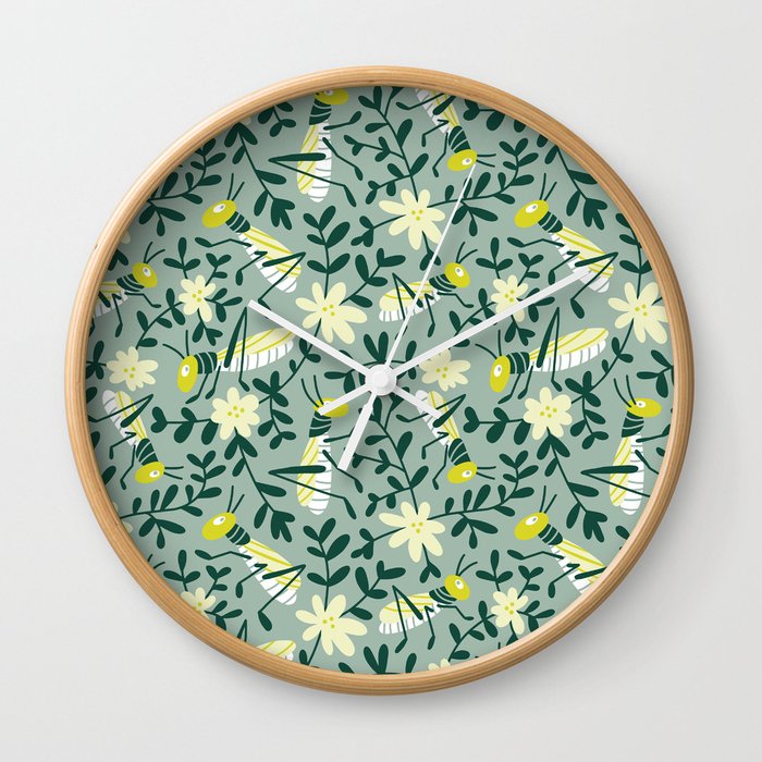 Insects and flowers green print Wall Clock