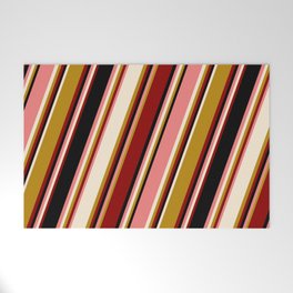 [ Thumbnail: Vibrant Light Coral, Beige, Dark Goldenrod, Dark Red & Black Colored Lines/Stripes Pattern Welcome Mat ]