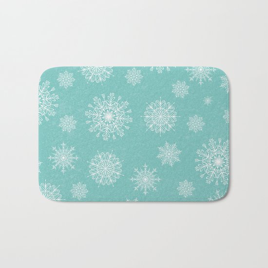 Assorted Snowflakes On Turquoise Backround Bath Mat