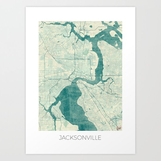 Jacksonville Map Blue Vintage Art Print