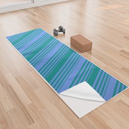 [ Thumbnail: Cornflower Blue and Dark Cyan Colored Striped/Lined Pattern Yoga Towel ]