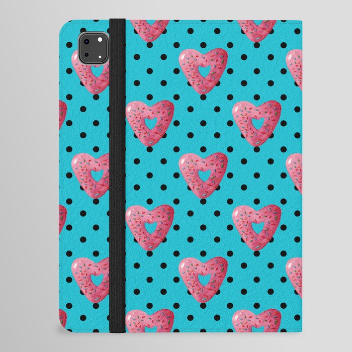 Pink plaid watercolor heart shaped donuts with polka dots on blue background iPad Folio Case
