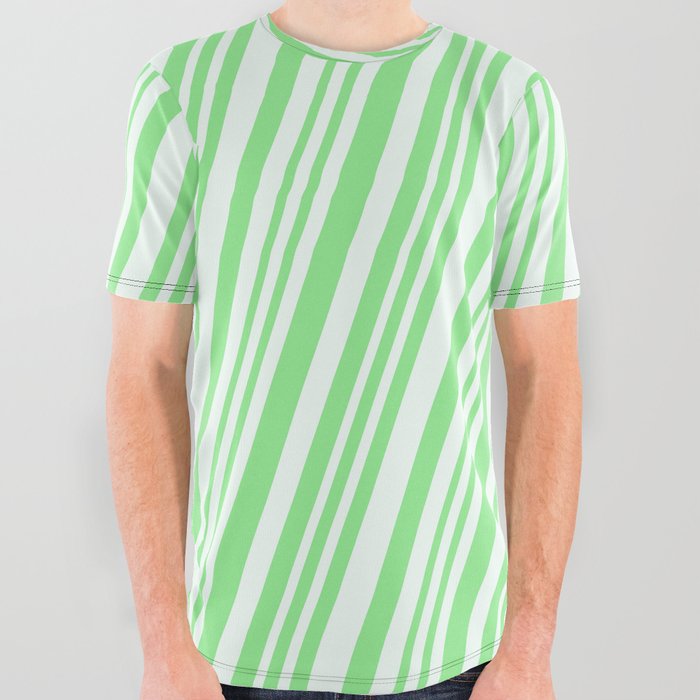 Mint Cream & Light Green Colored Striped Pattern All Over Graphic Tee