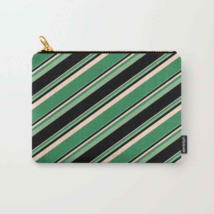 Bisque, Sea Green, Dark Sea Green, and Black Colored Lined Pattern Carry-All Pouch