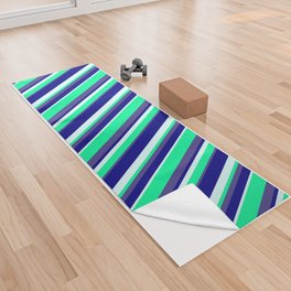 [ Thumbnail: Green, Light Cyan, Blue & Dark Slate Blue Colored Lines/Stripes Pattern Yoga Towel ]