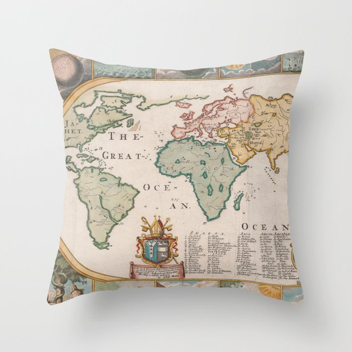 Vintage Map of The World (1681) Throw Pillow