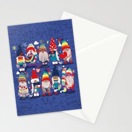 I gnome you // electric blue background little happy and lovely gnomes with rainbows vivid red hearts Stationery Card
