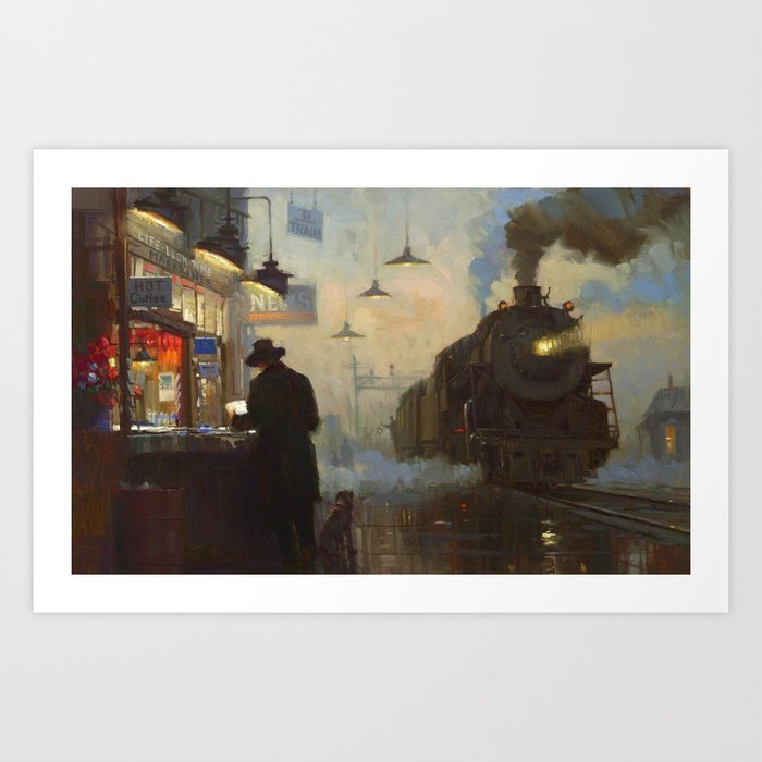 Midnight, The Night Train railway station cityscape - landscape painting by Lionel Walden Art Print