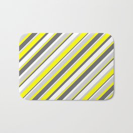 [ Thumbnail: Yellow, Dim Gray, White & Light Grey Colored Stripes Pattern Bath Mat ]