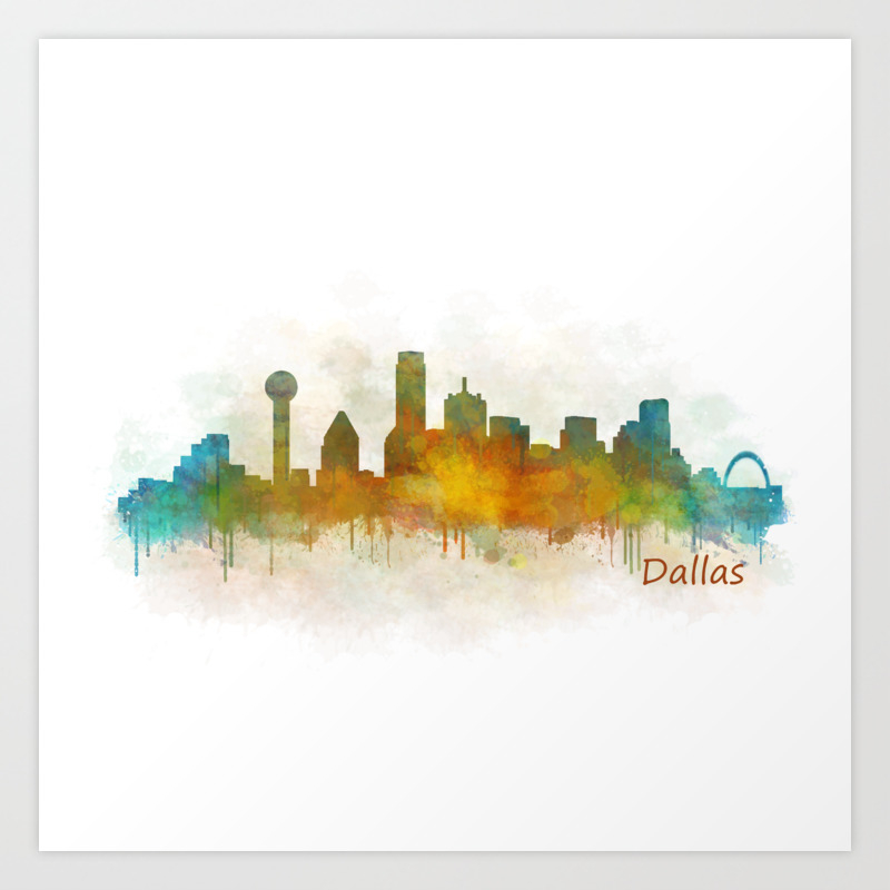 Dallas Texas City Skyline Watercolor V03 Art Print By Hqphoto